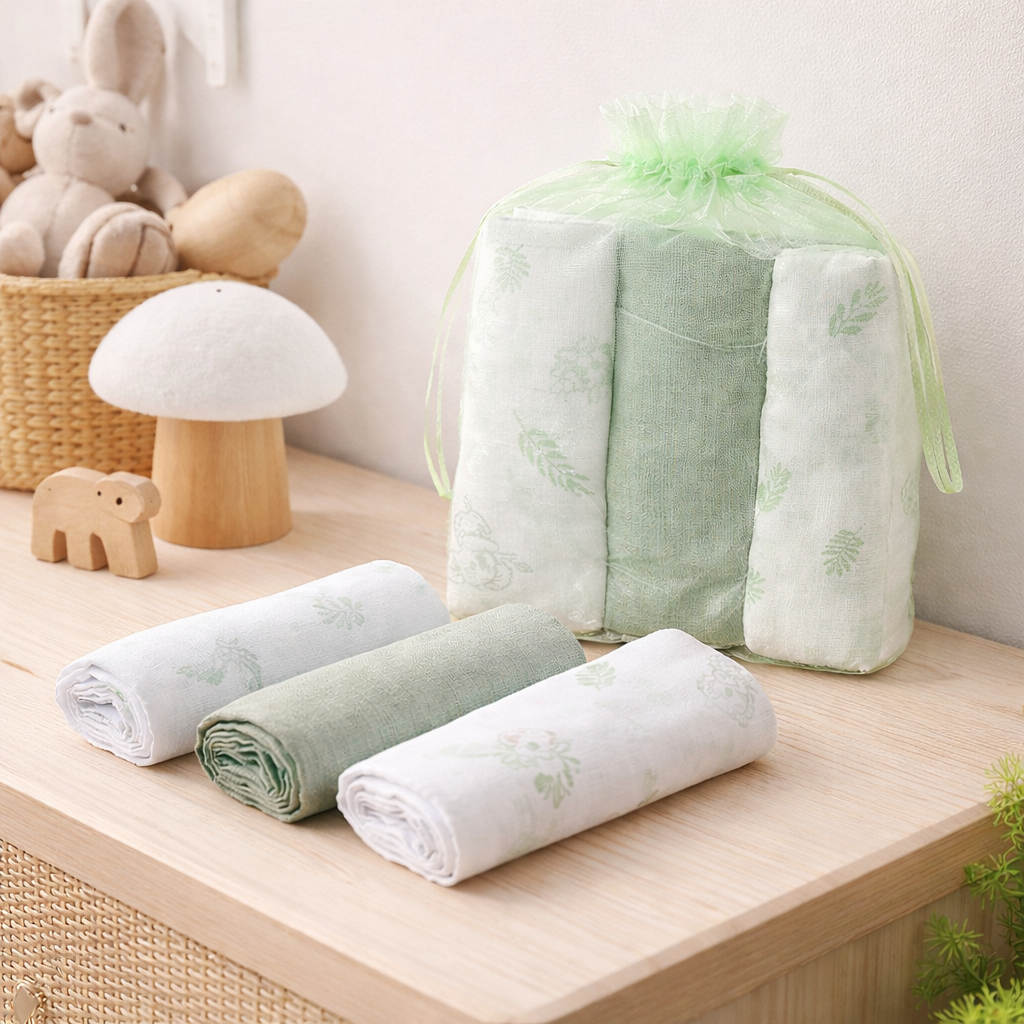 Sage Green 3 Pack Of Muslin Squares In A Gift Bag