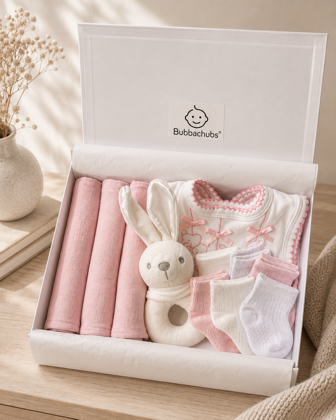 Bubbachubs Baby Girls Newborn Gift Box with Muslins, Bibs, Rattle & Socks 0-3 Months
