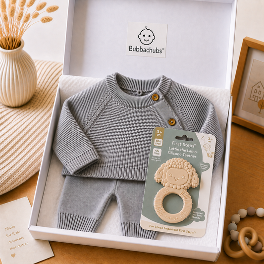 Bubbachubs Baby Grey Knitted Sweater & Leggings Gift Set with Silicone Teether – 3–6 Months
