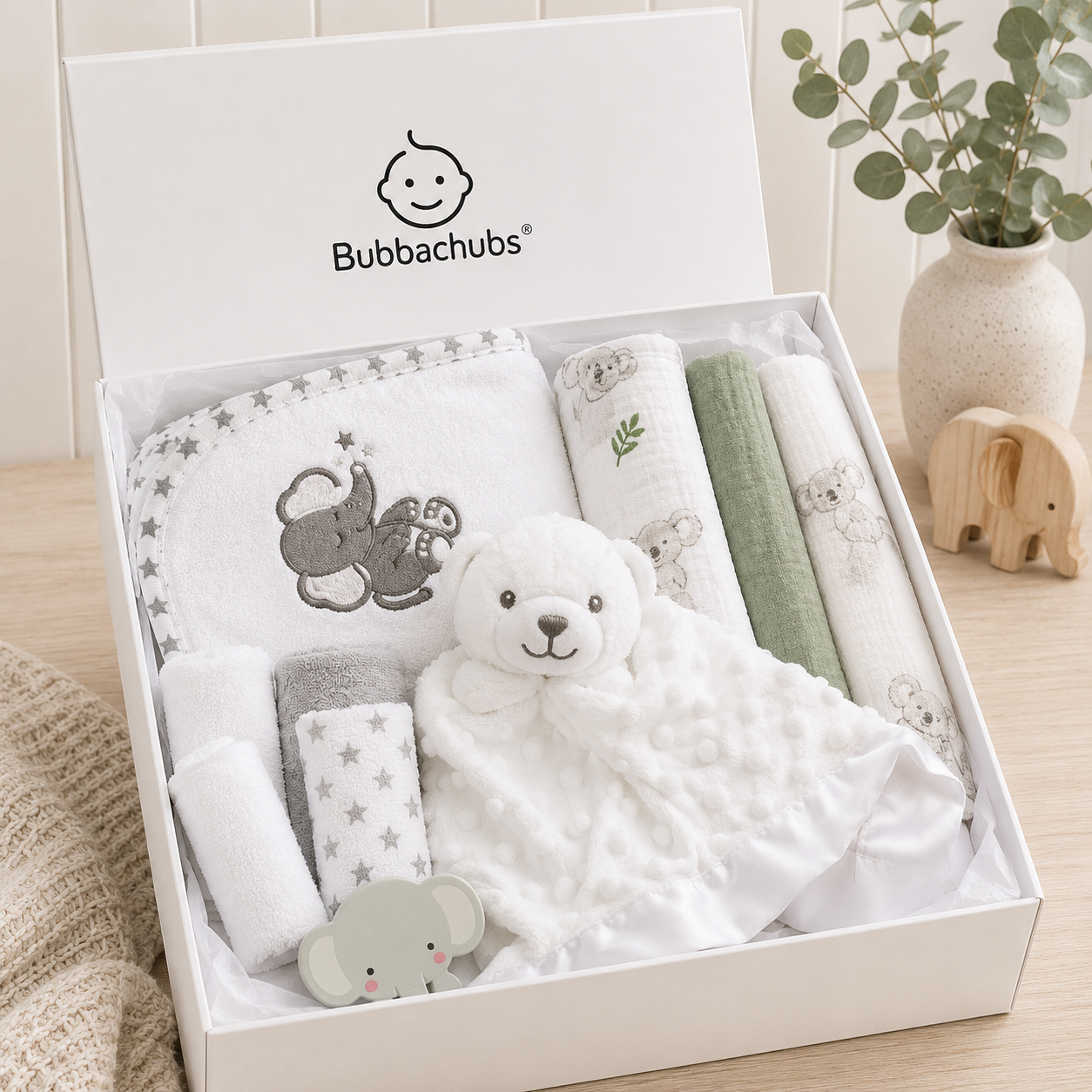 Bubbachubs Unisex New Arrival Baby Gift Set with Hooded Towel, Muslin Cloths, Comforter & Rattle