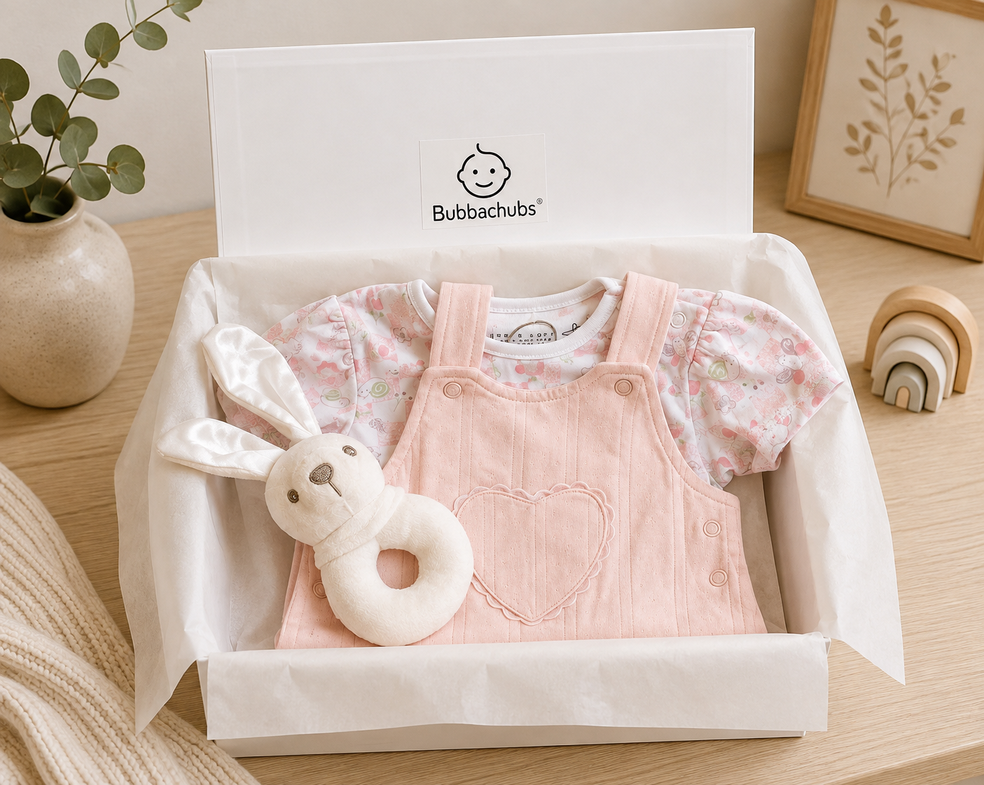 Bubbachubs Baby Girl Dungaree Gift Set with Bunny Rattle 0-6 Months