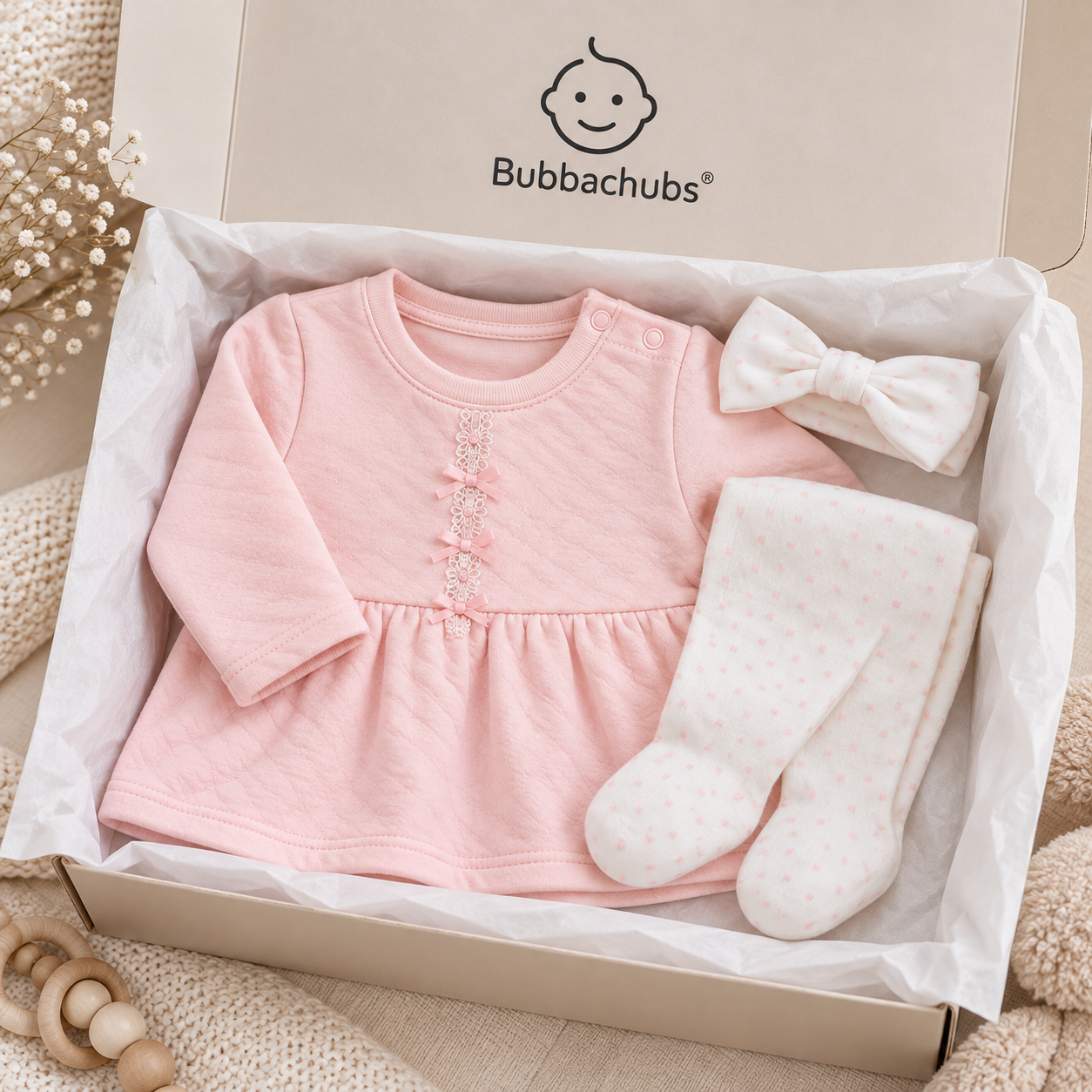 Baby Girls Quilted Dress, Tights & Headband Gift Set 0–9 Months