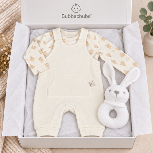 Baby Unisex Dungaree Gift Set with Bunny Rattle 0–9 Months