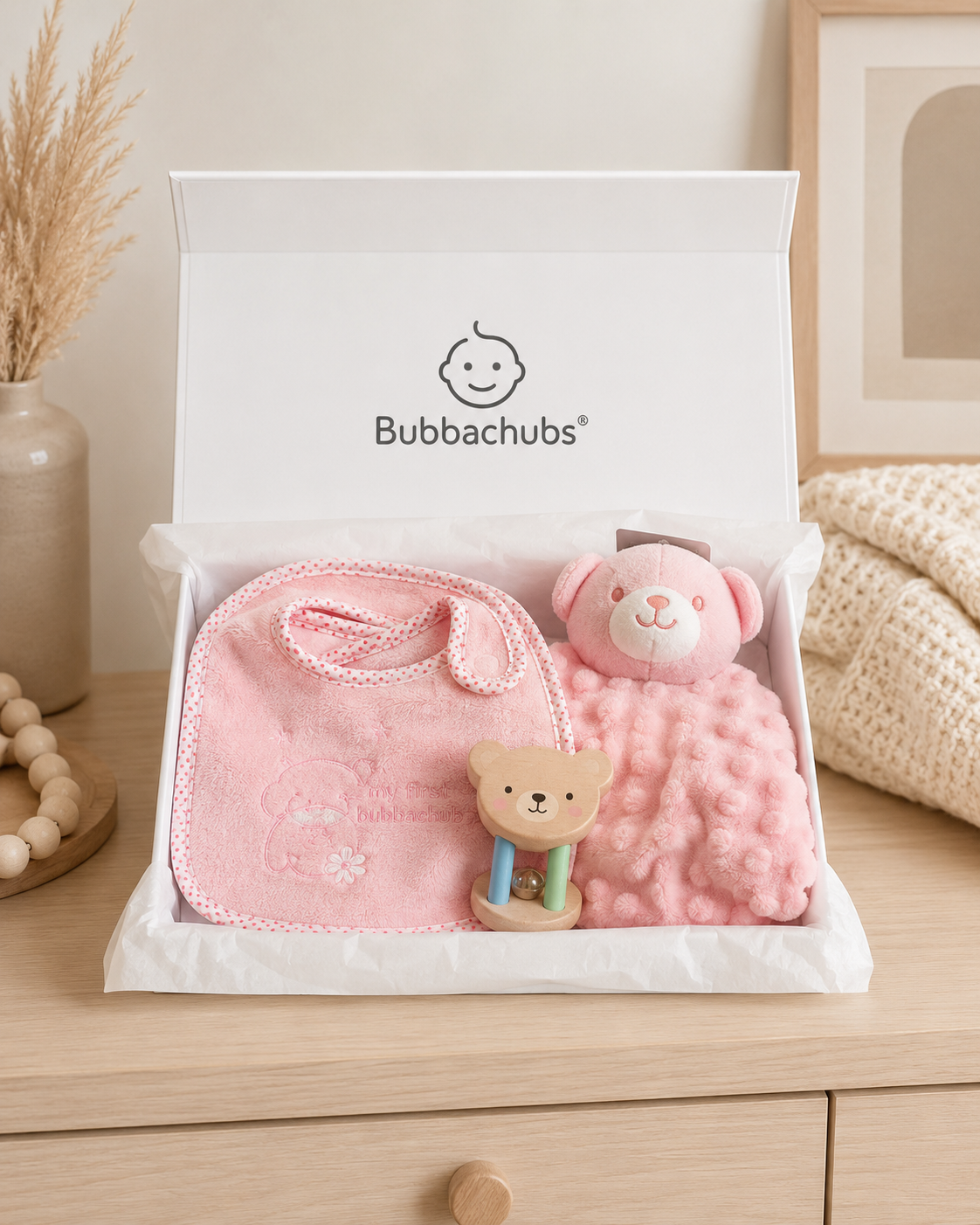 Bubbachubs Baby Girl Gift Set with 5 Terry Bibs, Comforter & Baby Rattle