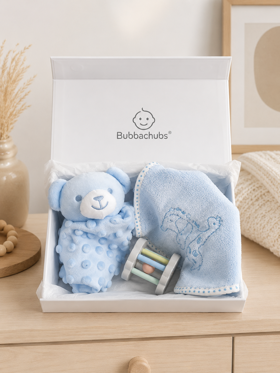 Bubbachubs Baby Boy Gift Set with 5 Terry Bibs, Comforter & Baby Rattle