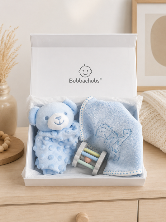 Bubbachubs Baby Boy Gift Set with 5 Terry Bibs, Comforter & Baby Rattle