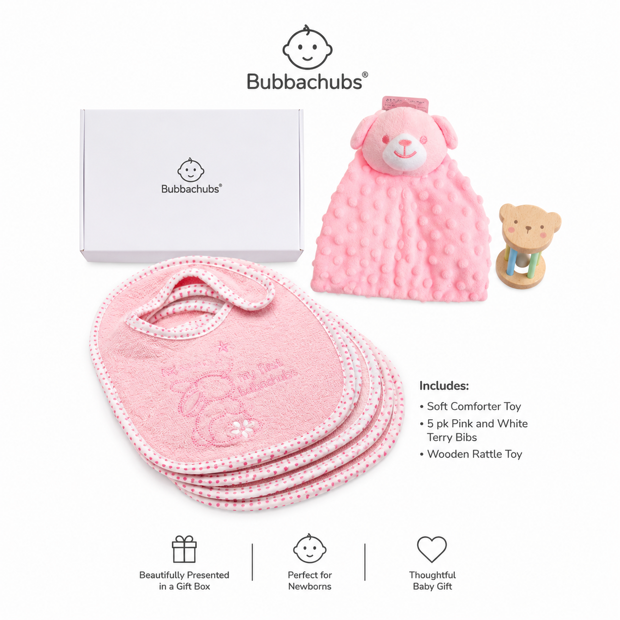 Bubbachubs Baby Girl Gift Set with 5 Terry Bibs, Comforter & Baby Rattle