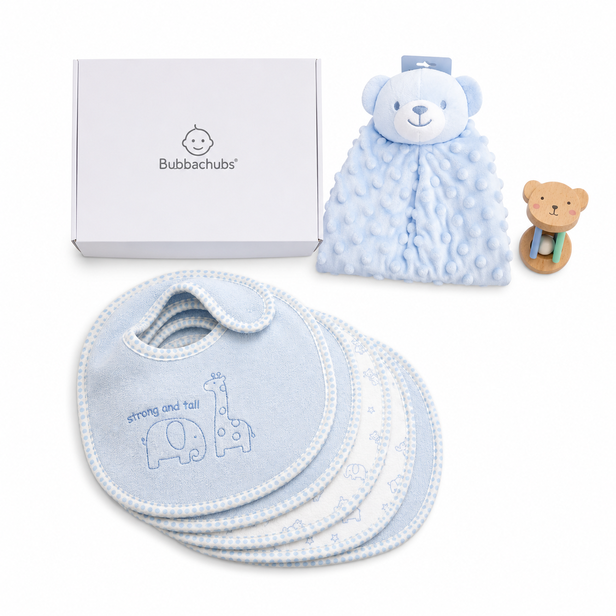 Bubbachubs Baby Boy Gift Set with 5 Terry Bibs, Comforter & Baby Rattle