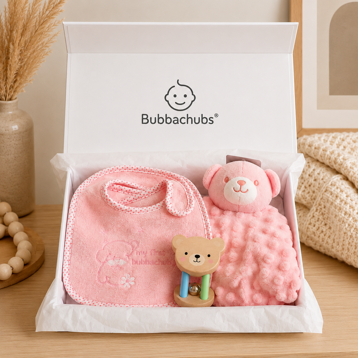 Bubbachubs Baby Girl Gift Set with 5 Terry Bibs, Comforter & Baby Rattle