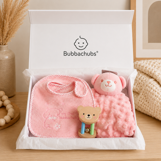 Bubbachubs Baby Girl Gift Set with 5 Terry Bibs, Comforter & Baby Rattle
