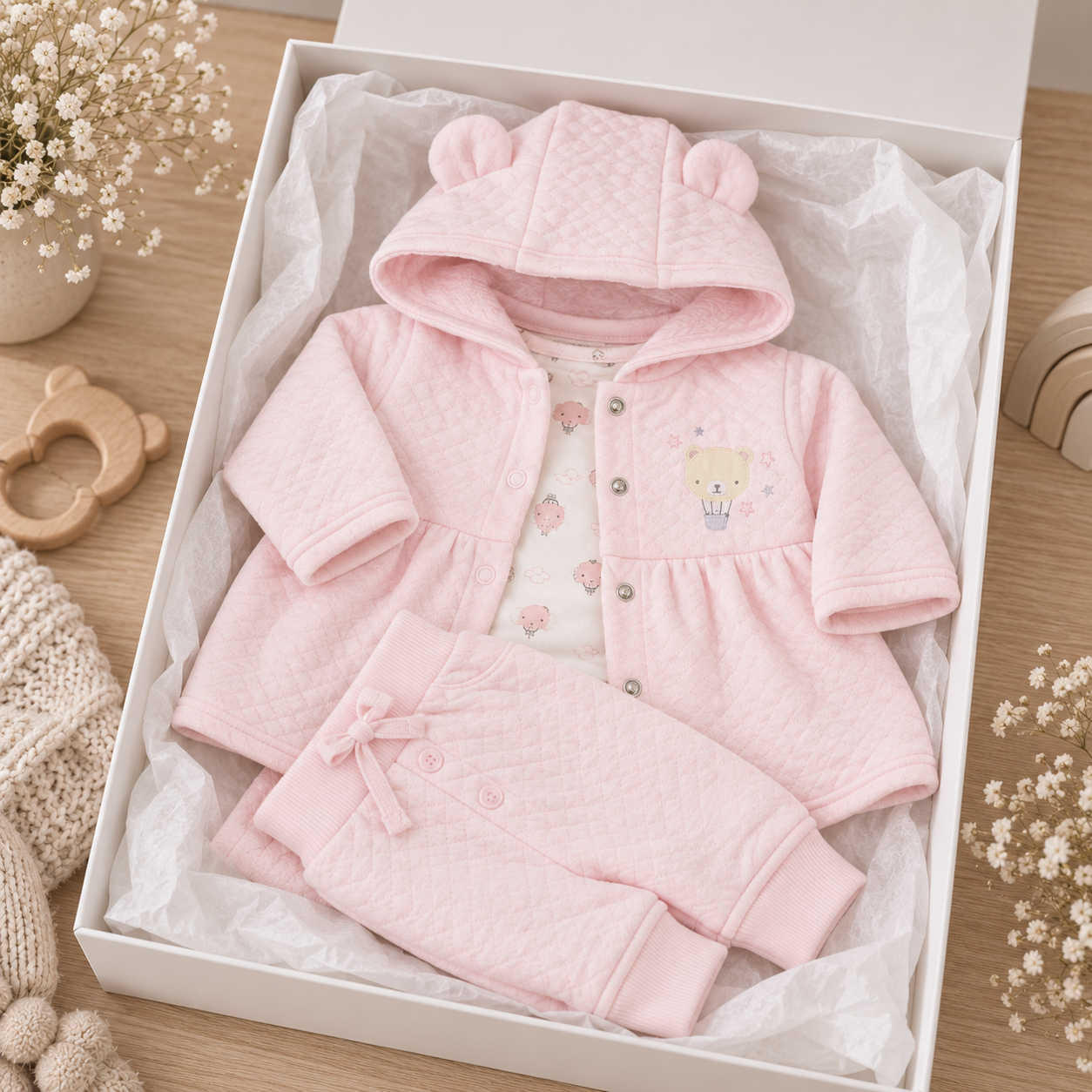 Bubbachubs Baby Girls’ Quilted 3-Piece Outfit Gift Set 0–9 Months