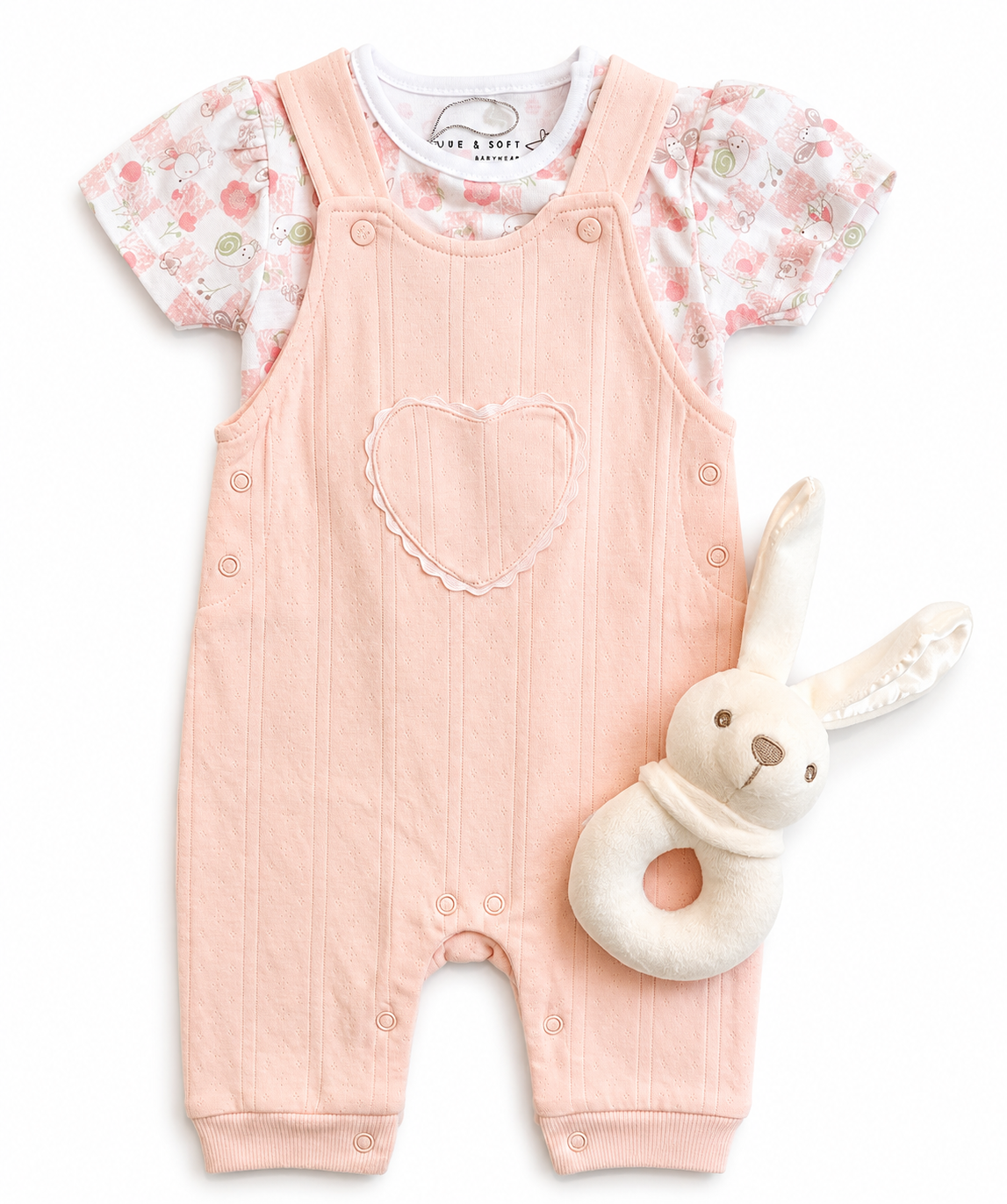 Bubbachubs Baby Girl Dungaree Gift Set with Bunny Rattle 0-6 Months