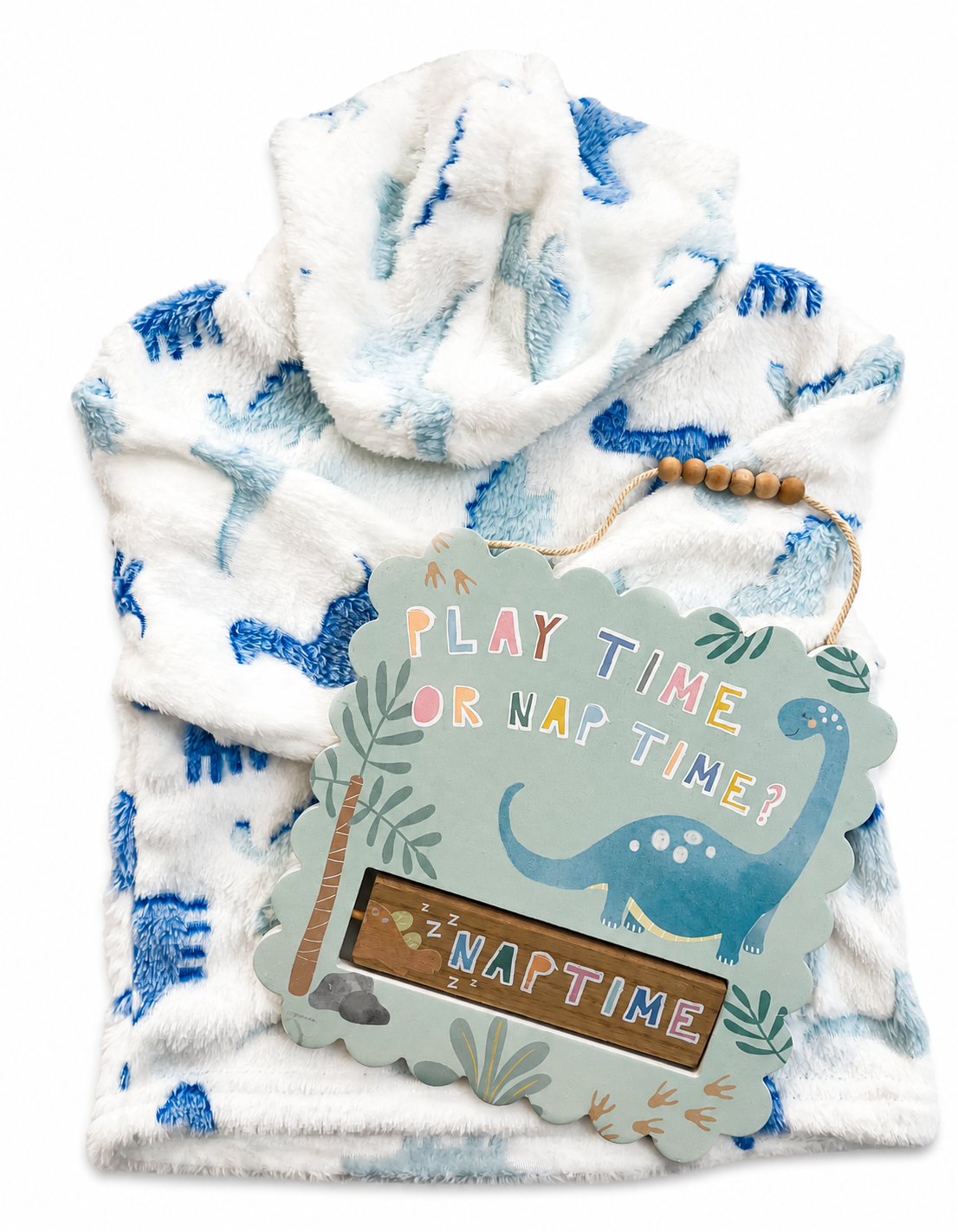 Bubbachubs Baby Boys Dinosaur Hooded Fleece & Playtime/Naptime Bedroom Plaque Gift Set 6-12 Months